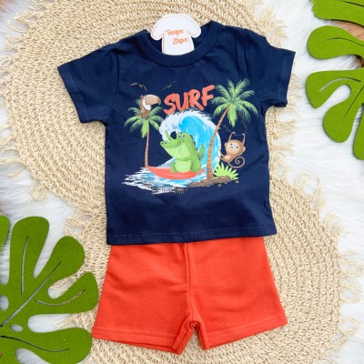 Conj. Camiseta Surf e Bermuda - Marinho e Laranja